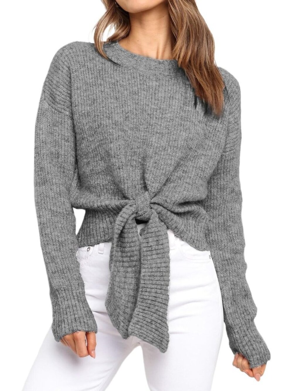 Cozy Long Sleeve Crew Neck Crop Sweater with Tie Front - Perfect for Fall!